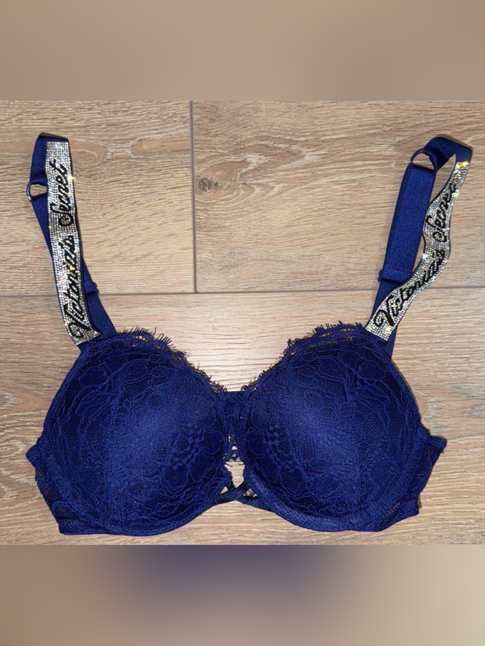 Victoria’s Secret Bombshell Push-Up Bra 32A Blue Lace Rhinestone Straps